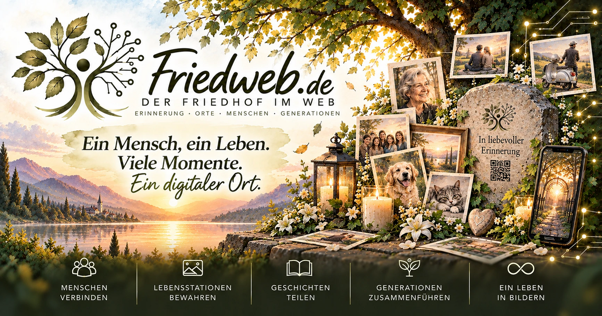 Friedweb.de – Der Friedhof im Web. Erinnerung · Orte · Menschen · Generationen. Ein Mensch, ein Leben. Viele Momente. Ein digitaler Ort. Aquarell mit Gedenkstein, Fotos, Kerzen, Laterne und Blüten unter einem Baum am See bei Sonnenuntergang.